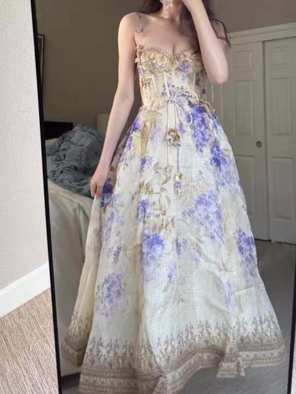 Zimmermann Floral Strapless Maxi Dress in Cream and Lavender